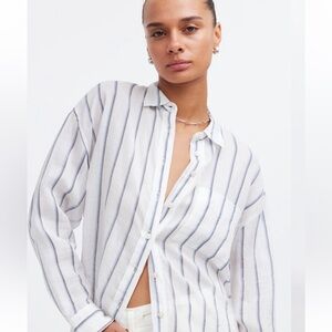 Madewell White Button-Down Shirt with Navy Stripes